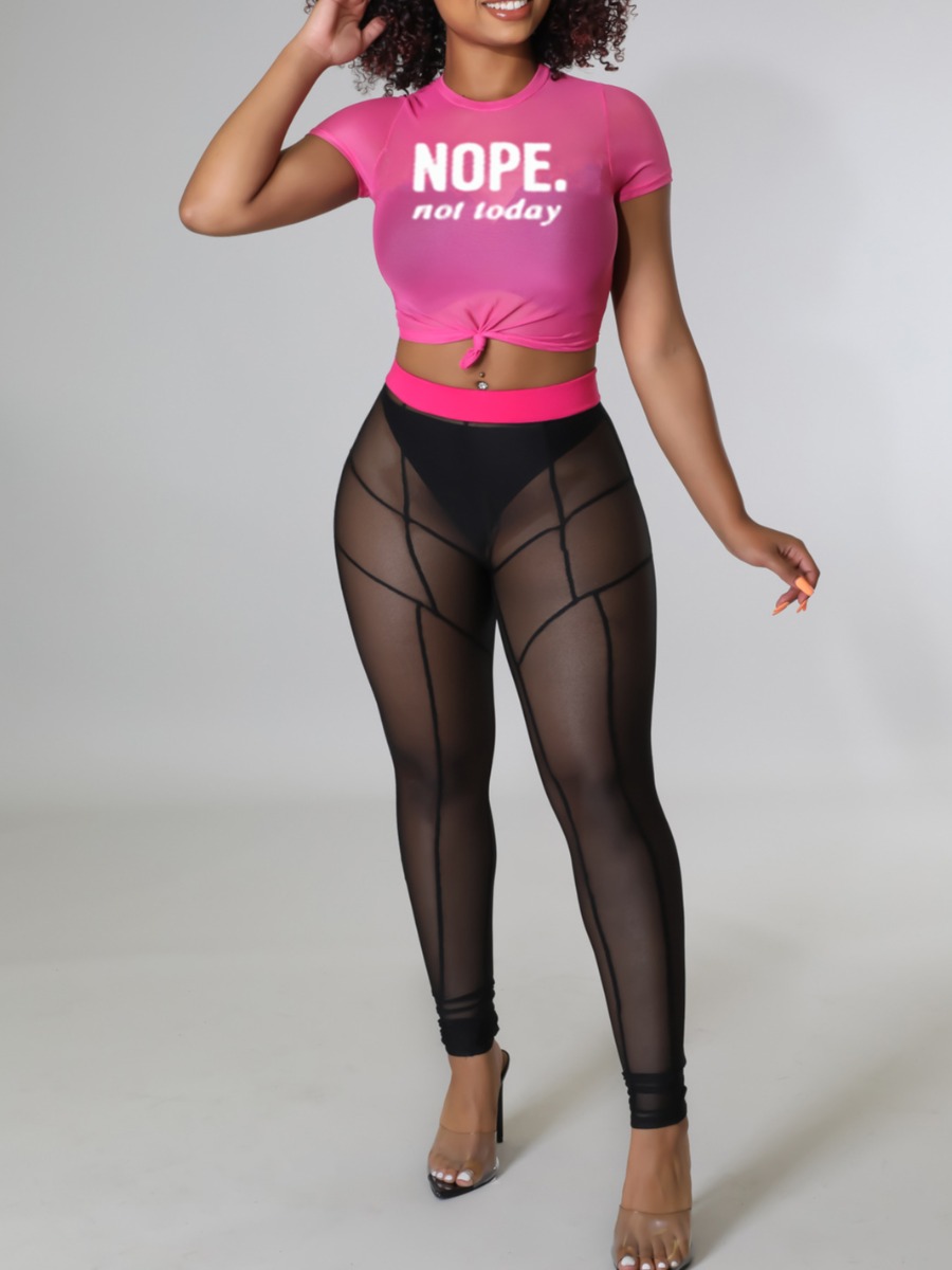 

LW SXY Nope Not Today Letter Print See-through Pants Set, Pink