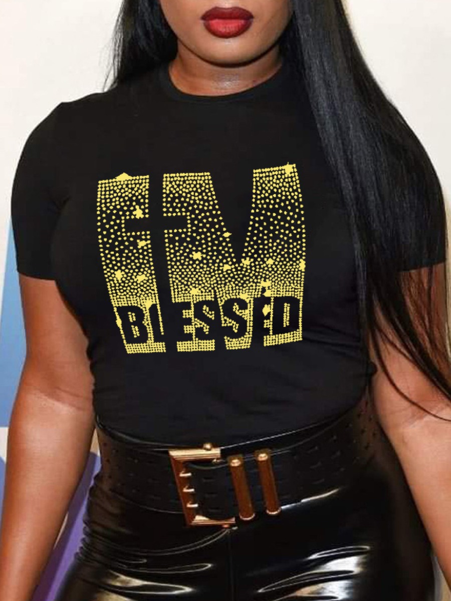 

LW Rhinestone I  Blessed Letter T-shirt, Golden yellow