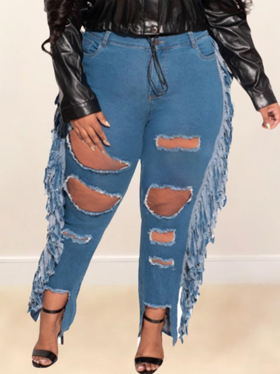 

LW SXY Plus Size Ripped Tassel Design Jeans, Blue