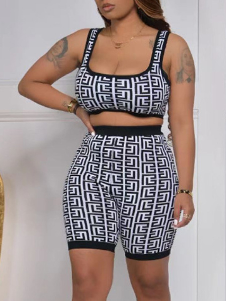 

LW Plus Size Crop Top Geometric Print Shorts Set, Grey