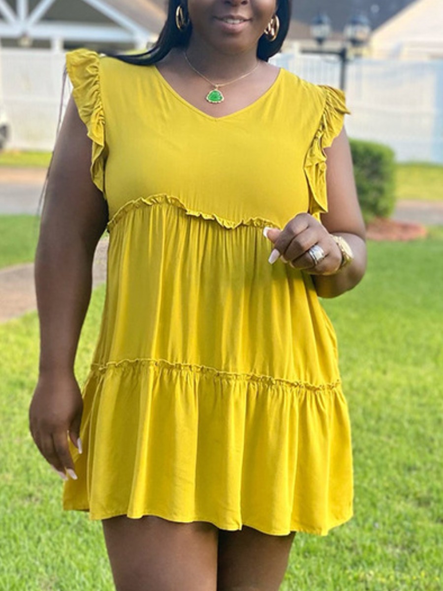 

LW Plus Size V Neck Ruffle Design Dress, Yellow