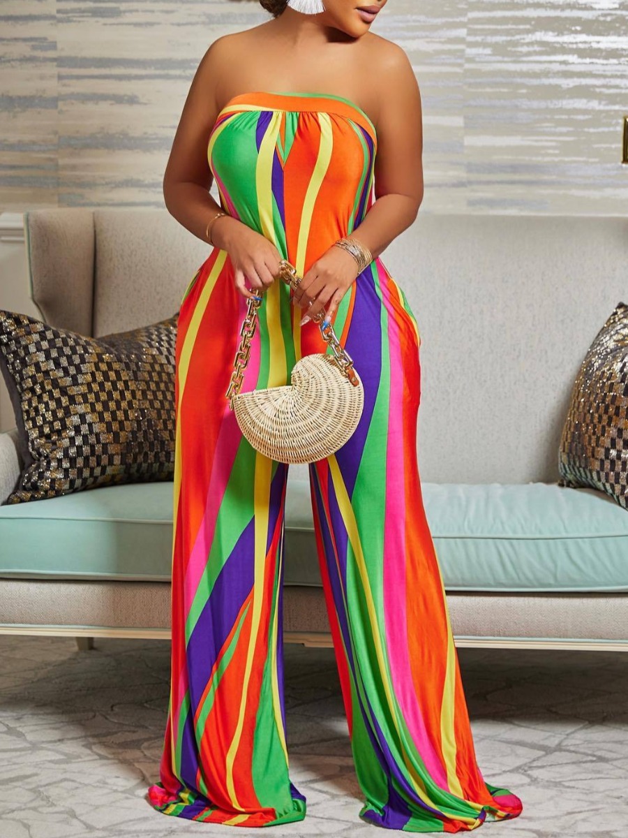 

LW Off The Shoulder Striped Wide Leg Jumpsuit, Multicolor mstn