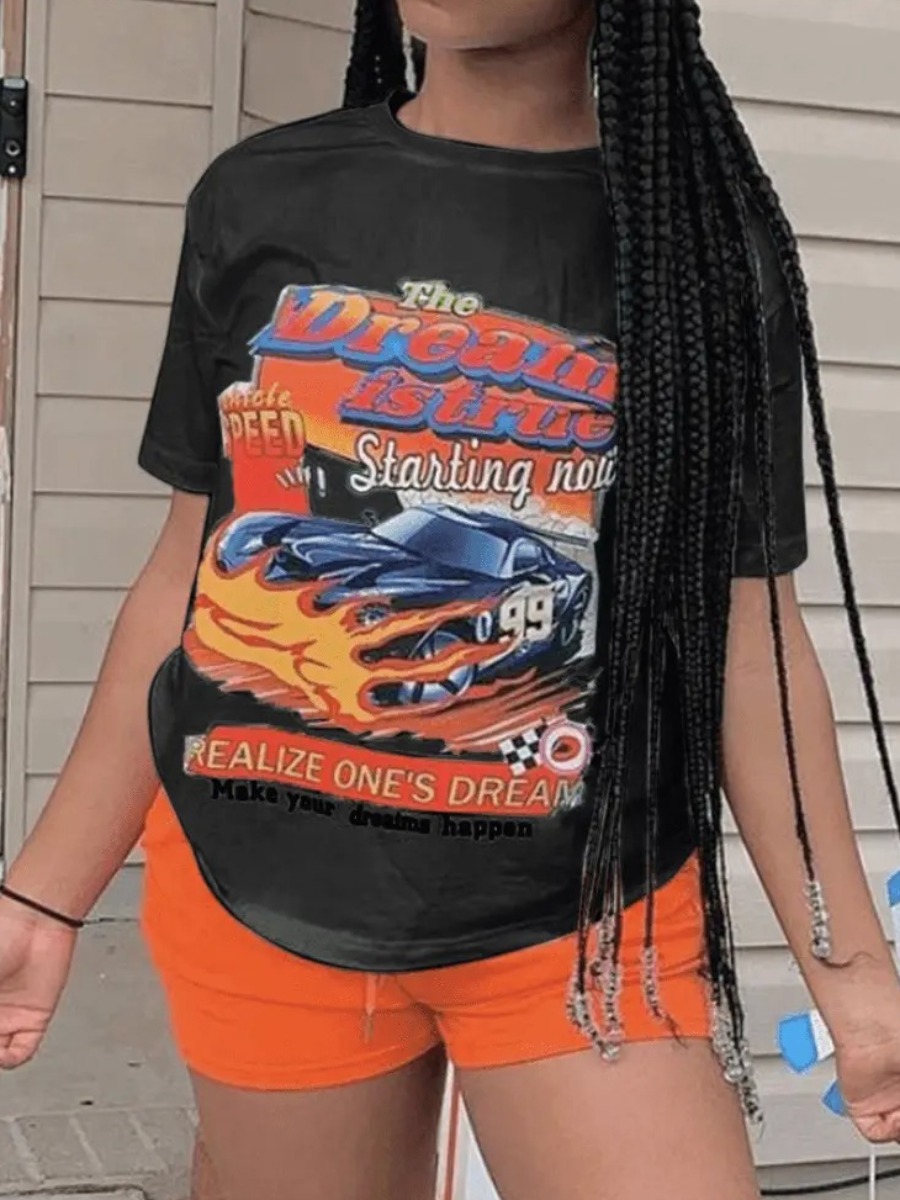 

LW Sports Car Letter Print Shorts Set, Black