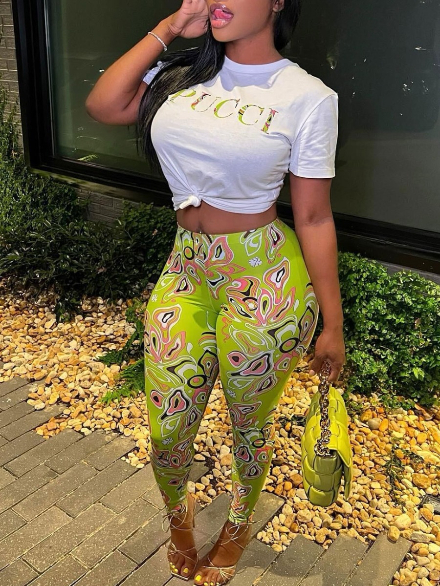 

LW Letter Mixed Print Pants Set, Green