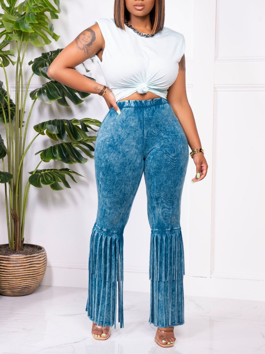 

LW Imitation Denim Tassel Design Tie-dye Pants Set, Peacock blue