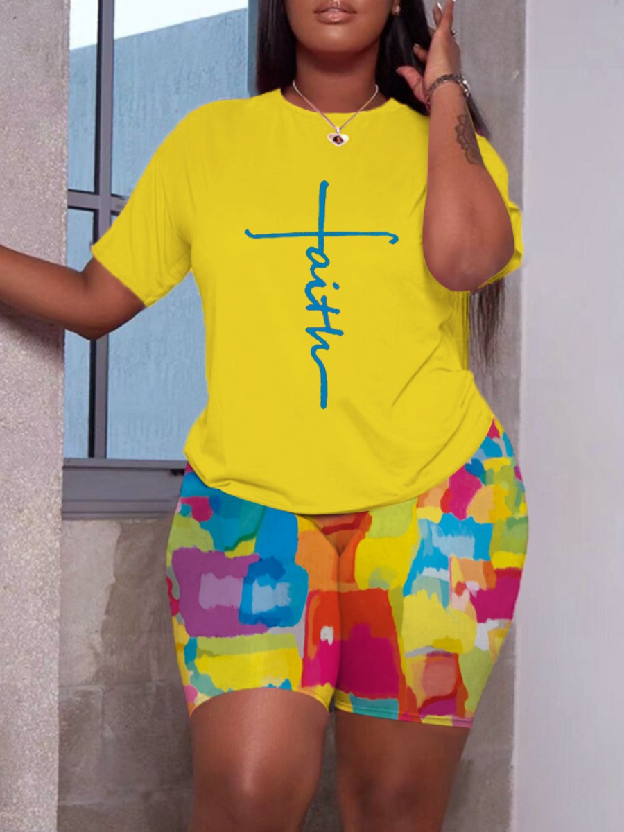 LovelyWholesale Mixed Faith Letter Print Shorts Set Summer Short Sleeve Casual Color Block Round Neck Spring Summer 2024