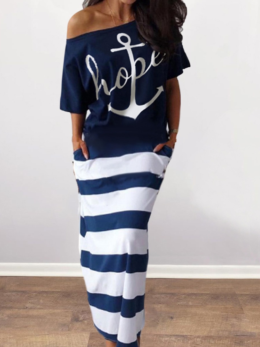 

LW One Shoulder Letter Print Striped Dress, Deep blue