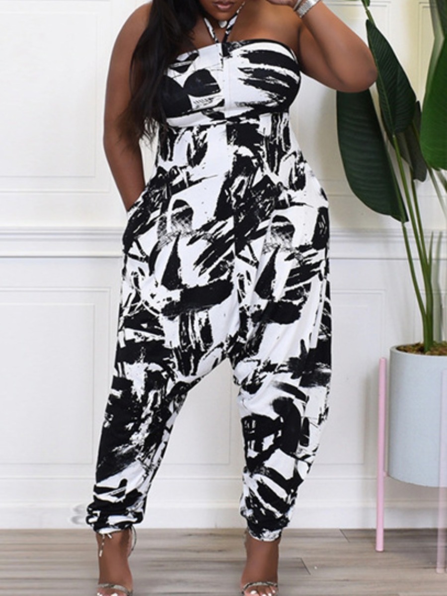 

LW Plus Size Off The Shoulder Print Harlan Jumpsuit, White