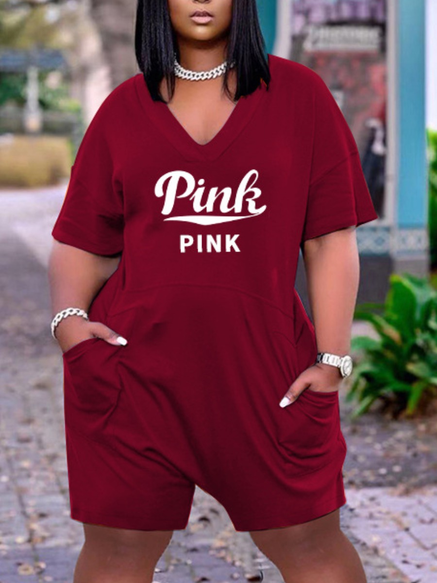 

LW Plus Size Pink Letter Print Pocket Design Romper, Wine red