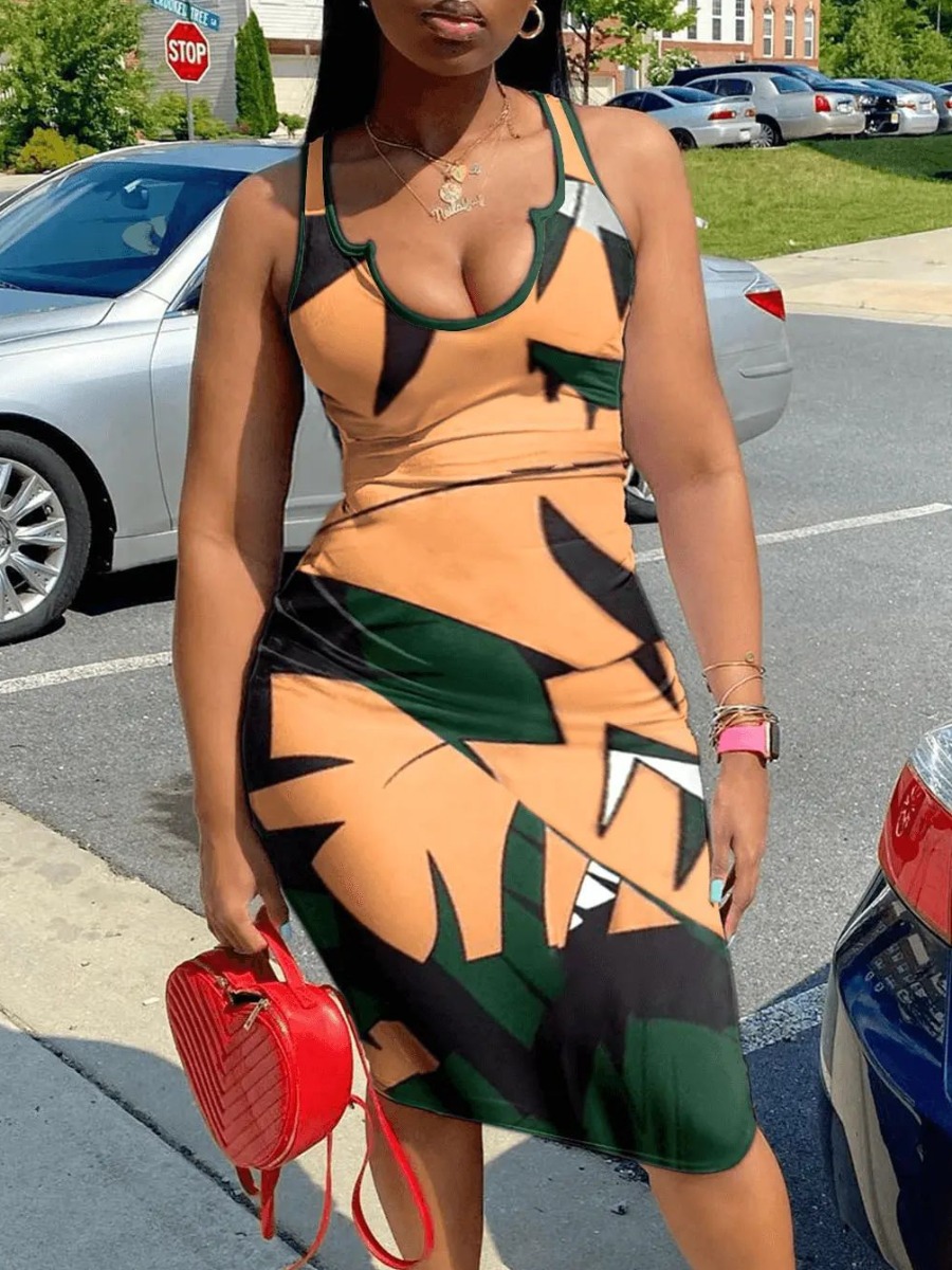 LovelyWholesale Notched Collar Geometric Print Wrapped Bodycon Dress Summer Sleeveless Casual Basic V Neck Spring Summer 2024