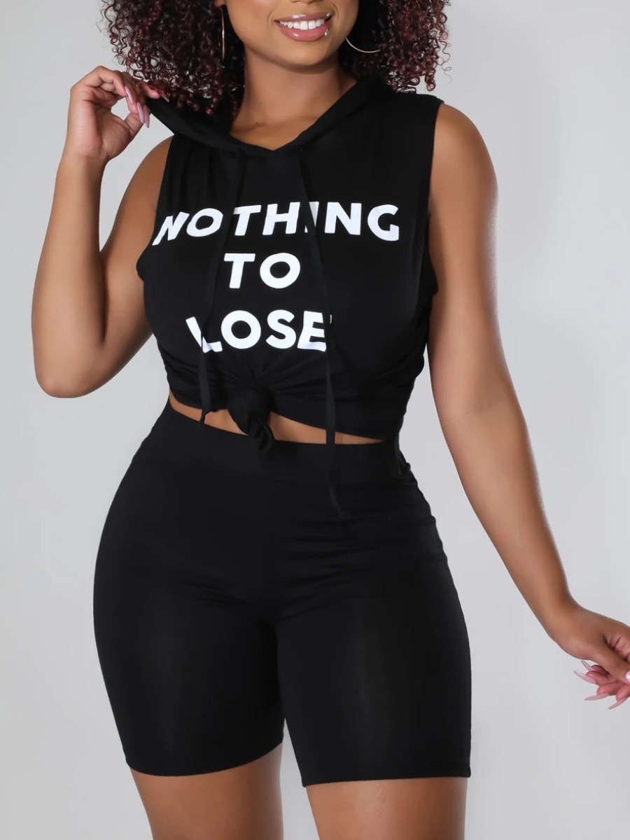 

LW BASICS Hooded Collar Letter Print Shorts Set, Black