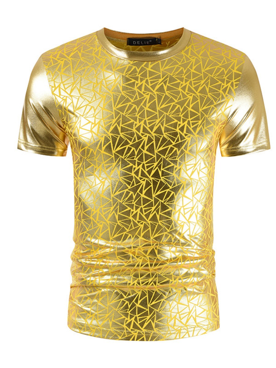 

LW COTTON Men Round Neck Geometric Pattern T-shirt, Yellow