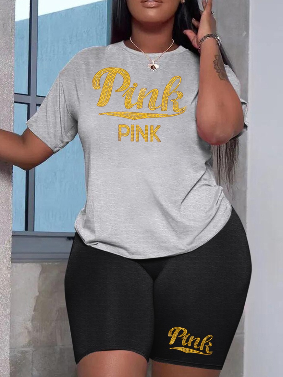 

LW Plus Size Rhinestone Pink Letter Shorts Set, Grey