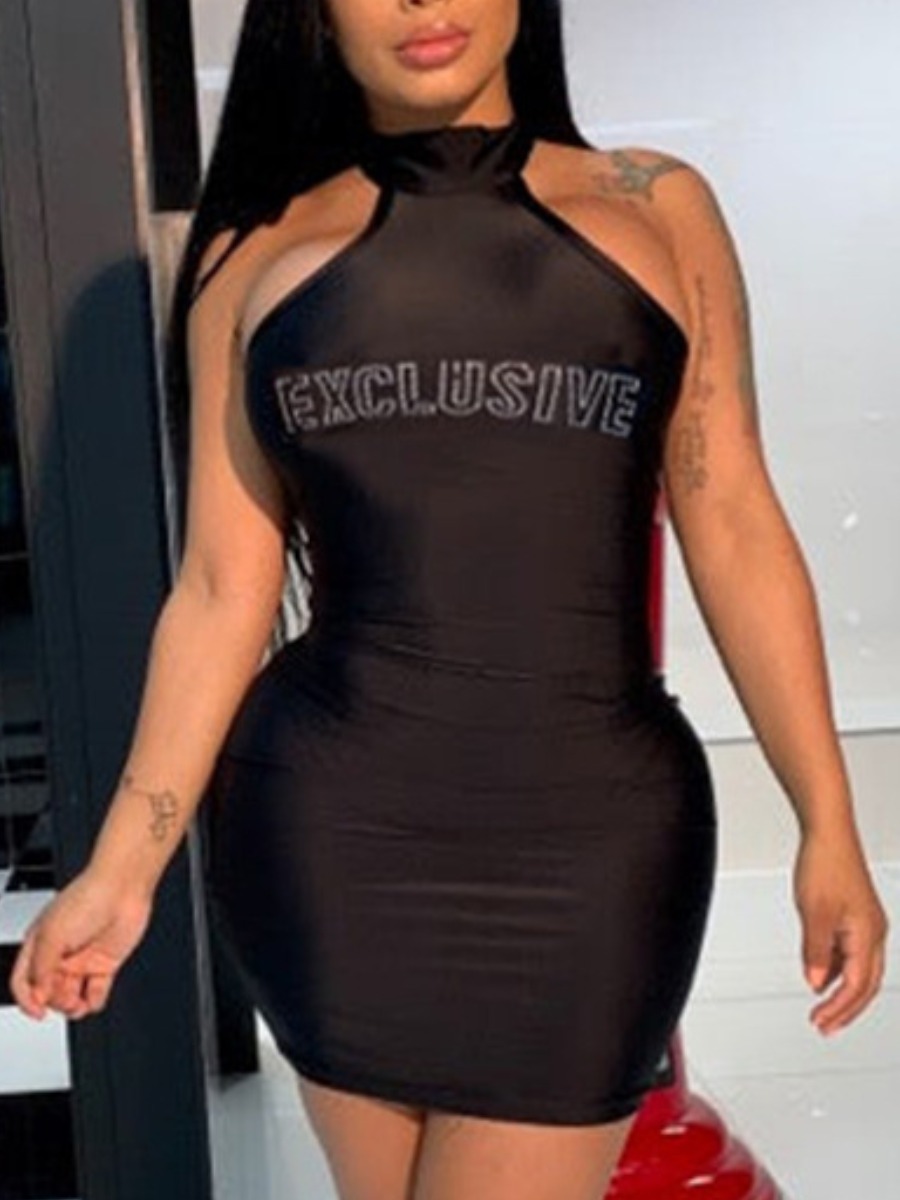 

LW BASICS Rhinestone Exclusive Letter Bodycon Dress, Black