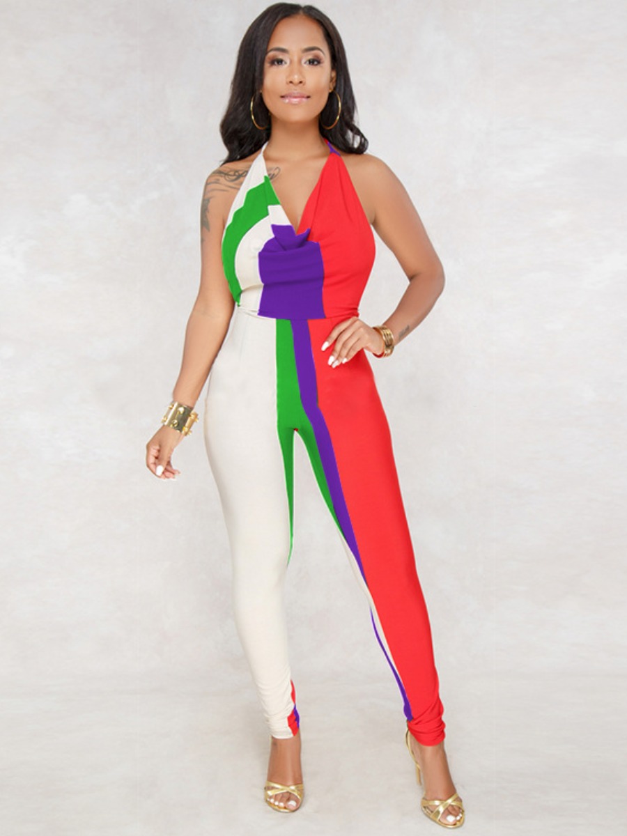 LW Striped Patchwork Backless Jumpsuit