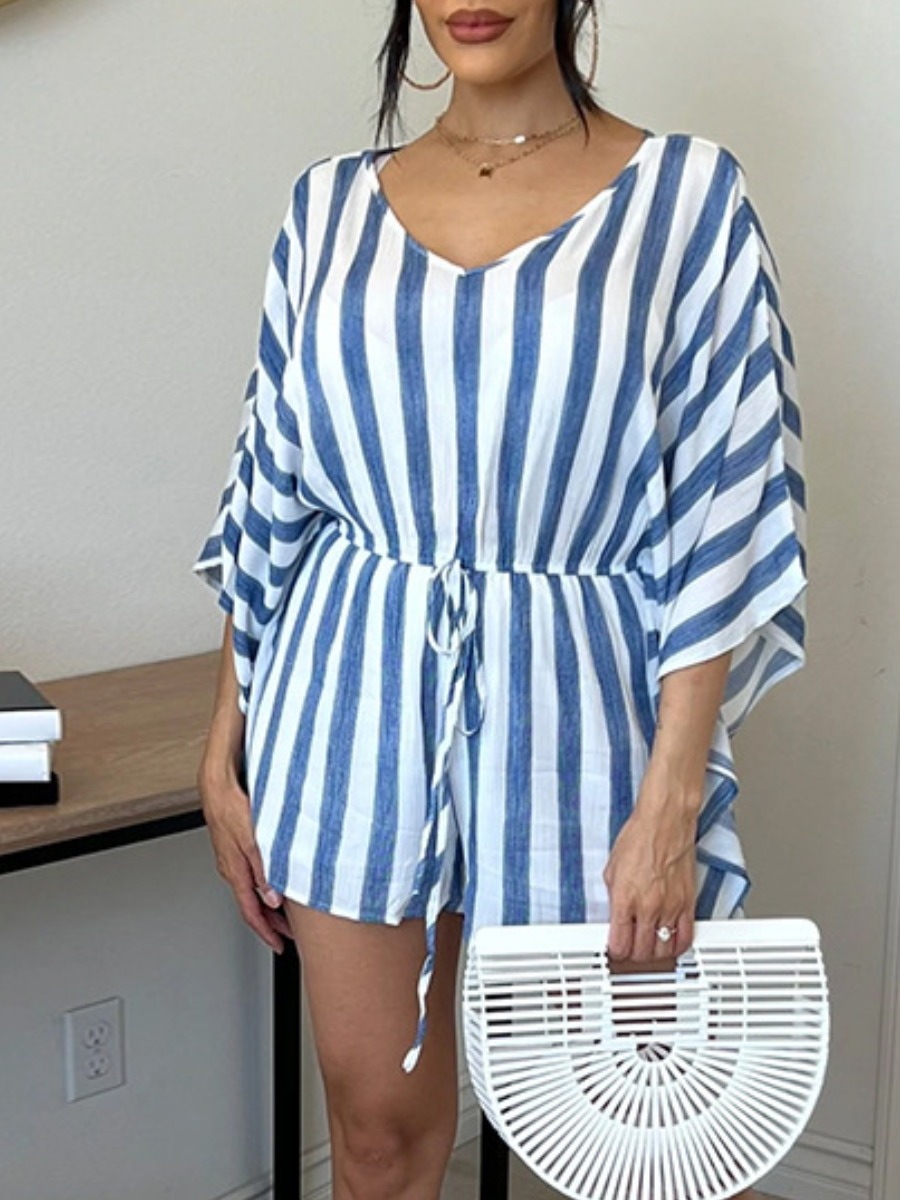 

LW Striped Drawstring Loose Romper, Blue