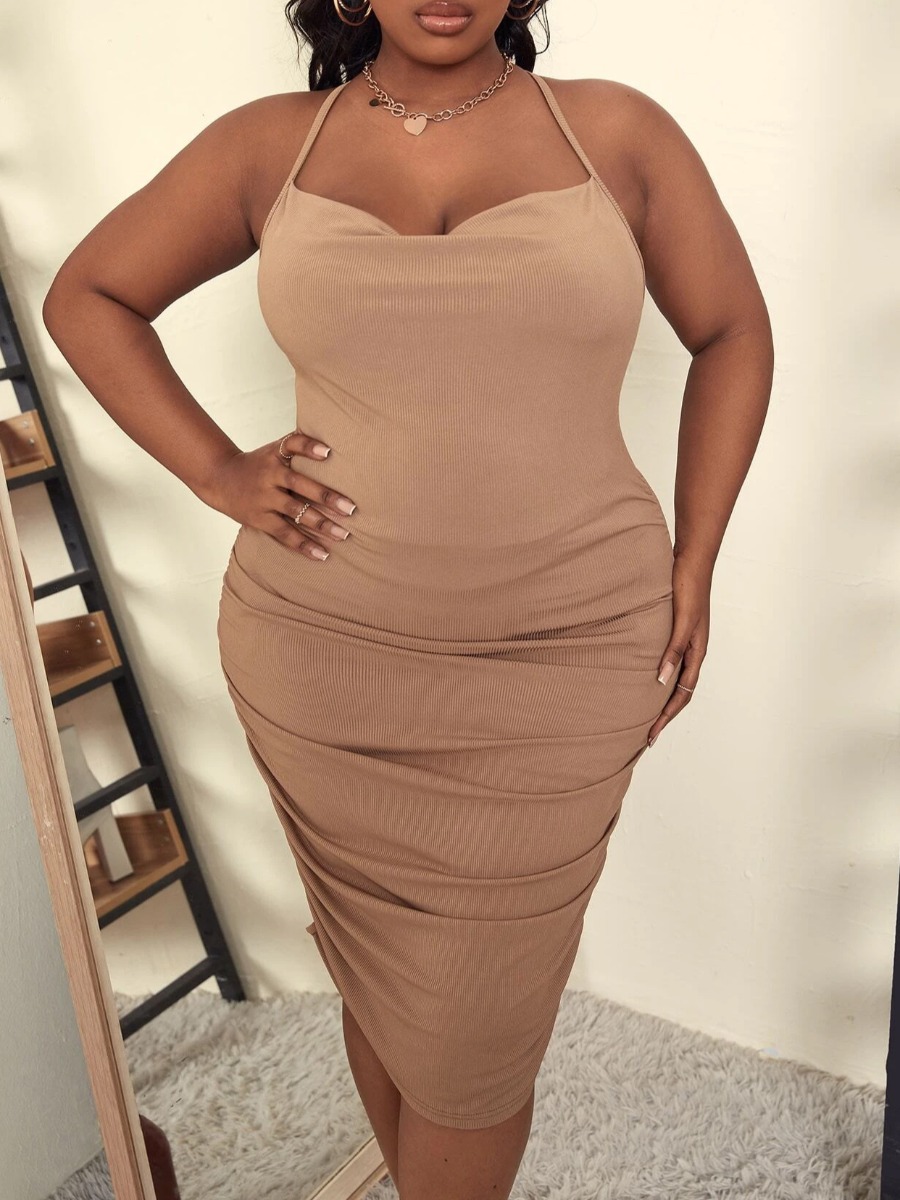 

LW SXY Plus Size Backless Ruched Dress, Brown