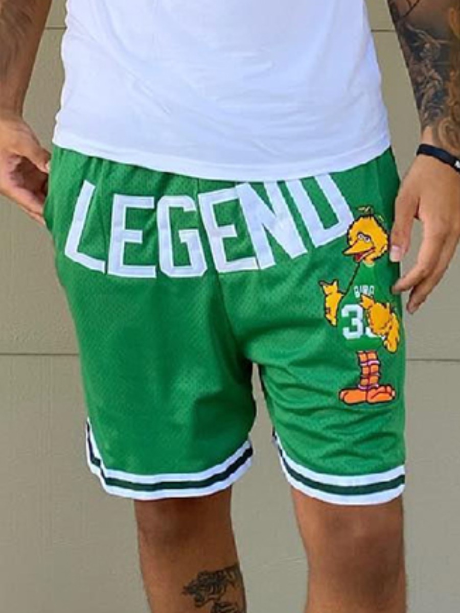 

LW Men Cartoon Letter Print Striped Shorts, Green