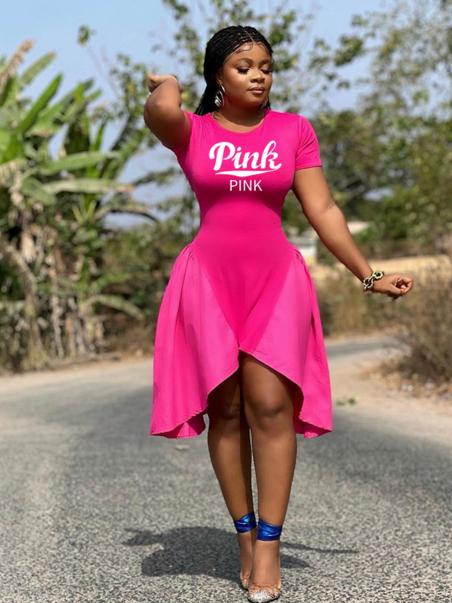 LW SXY Plus Size Pink Letter Print Ruffle Design Dress