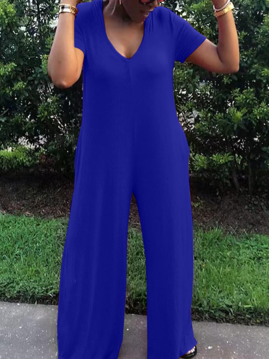 

LW Plus Size V Neck Loose Jumpsuit, Blue