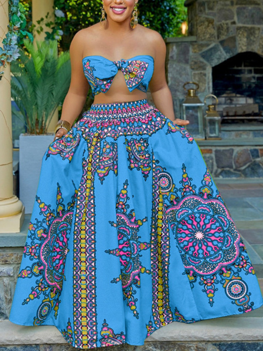 

LW Plus Size Off The Shoulder Tribal Print A Line Skirt Set, Blue