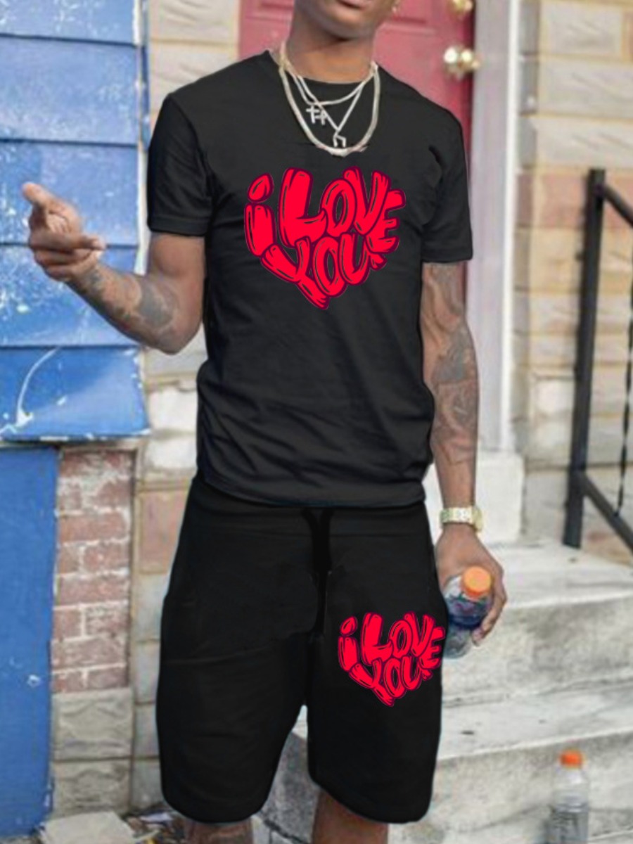 

LW Men I Love You Letter Print Shorts Set, Black