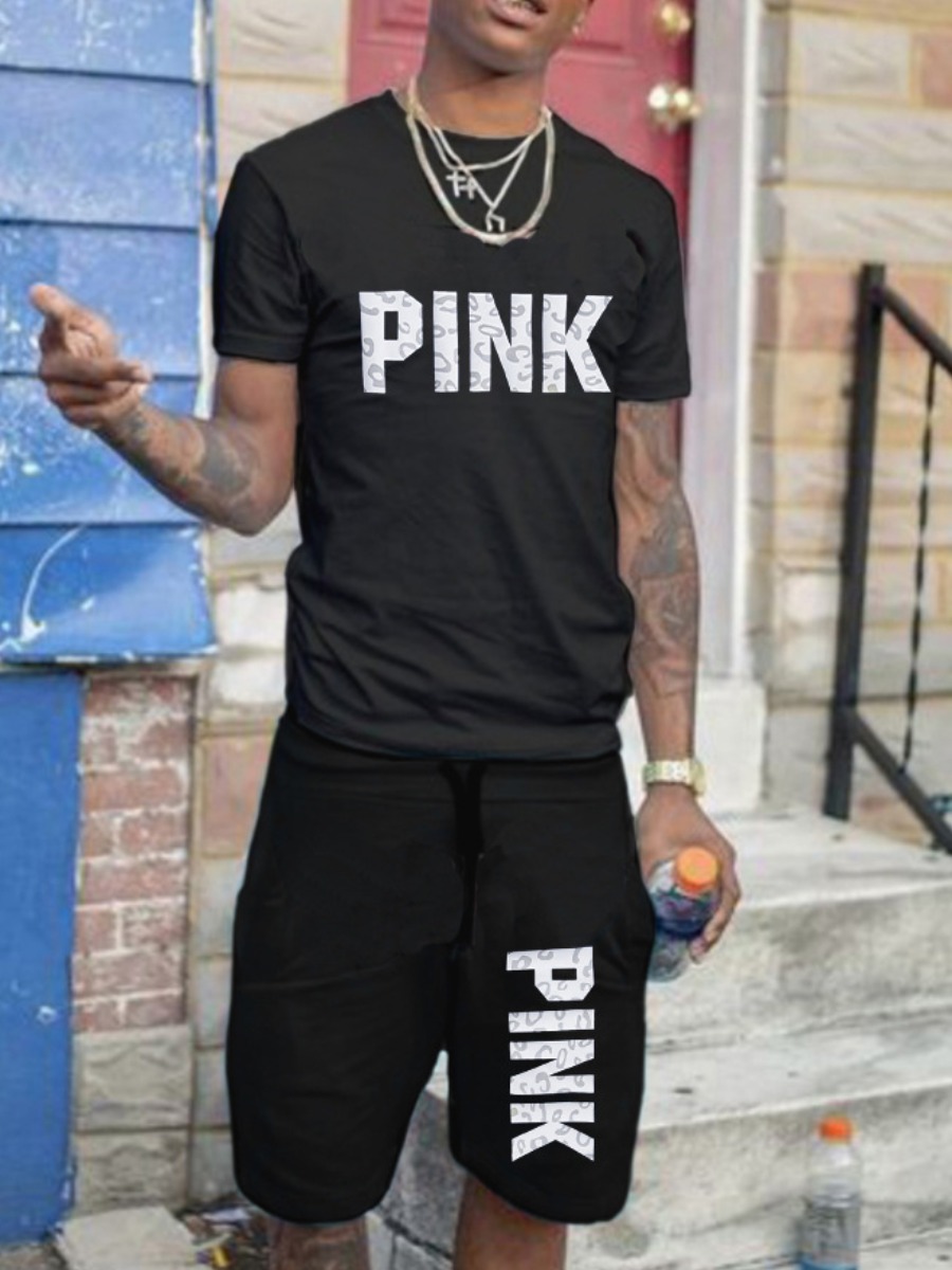 

LW Men Pink Letter Print Drawstring Shorts Set, Black