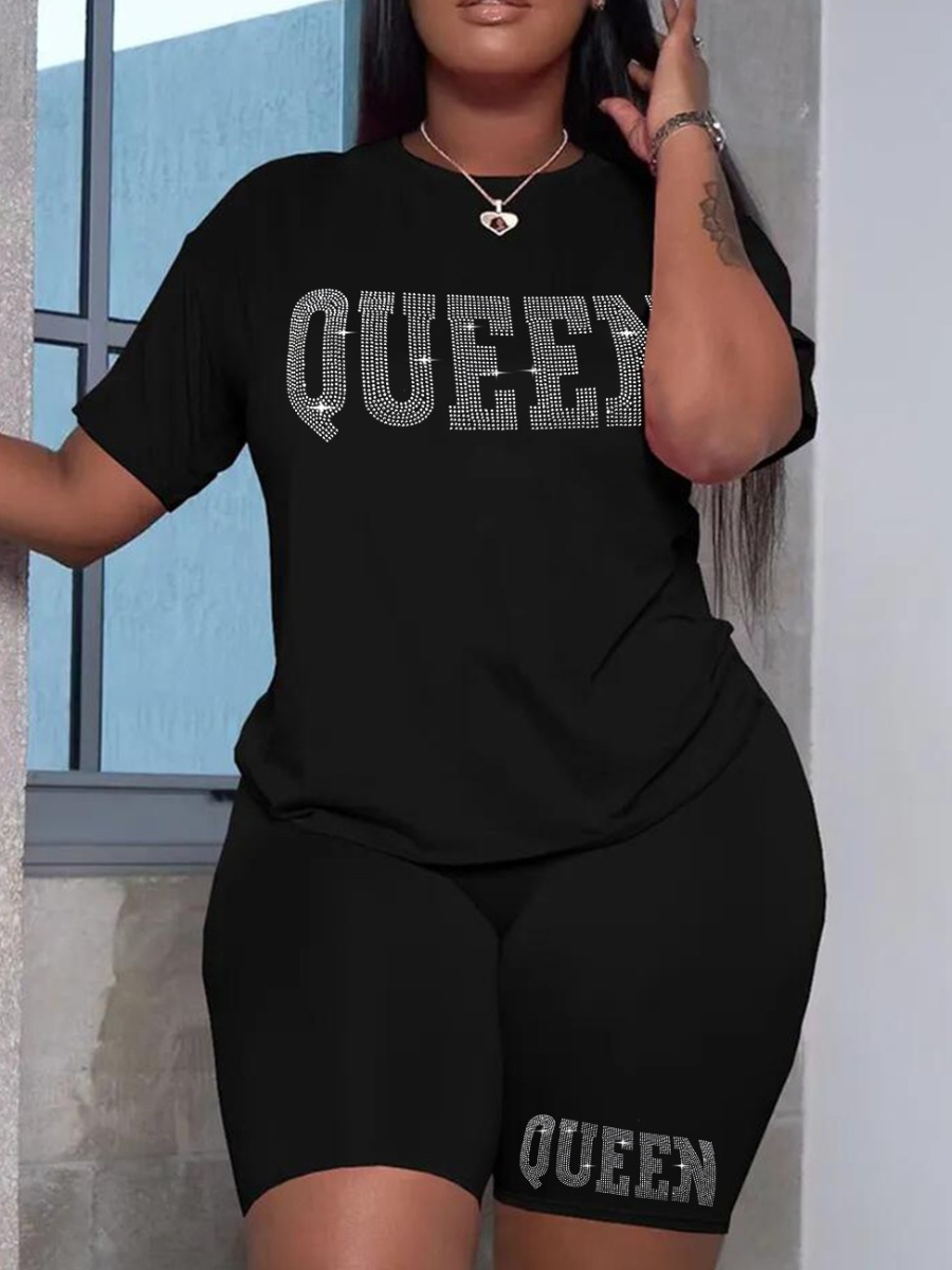 

LW BASICS Rhinestone Queen Letter Shorts Set, Black