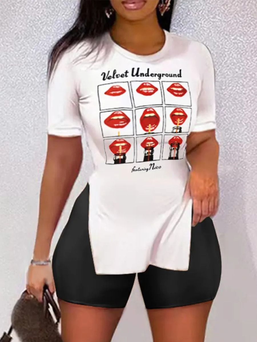 

LW Plus Size Lip Letter Print Split Shorts Set, White