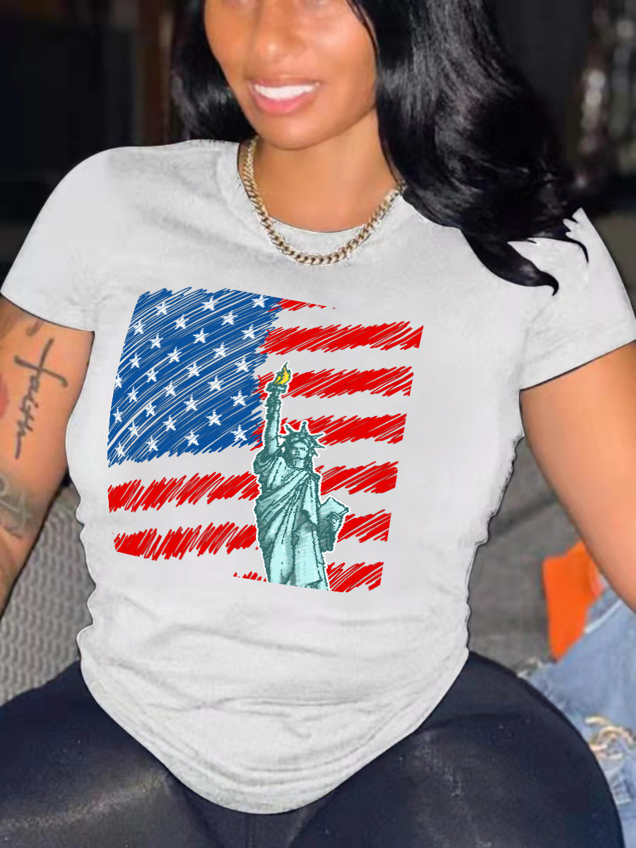 

LW American Flag Statue Print T-shirt, White