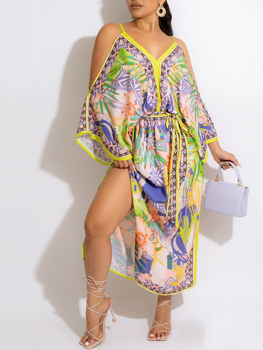 

LW Floral Print Cut Out Thigh Slit Dress, Yellow