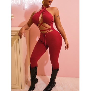 

LW SXY Bandage Hollow-out Design One-piece Jumpsuit, Red