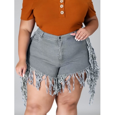 

LW Plus Size Tassel Design Medium Stretchy Denim Shorts, Baby blue
