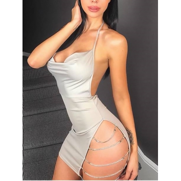 

LW SXY Asymmetry Sequin Backless Chain Decor Dress, Skin color