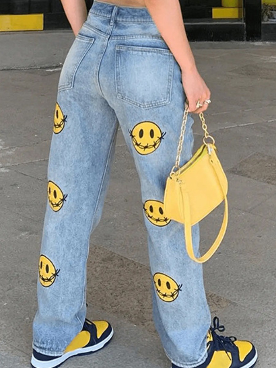 

LW Cartoon Print Wide Leg Jeans, Blue