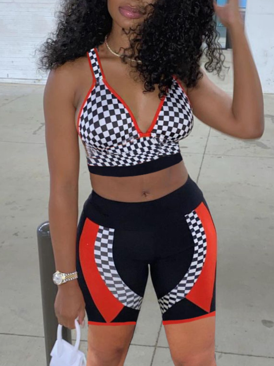 

LW Crop Top Plaid Print Shorts Set, Black