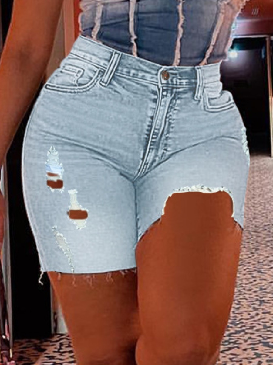 

LW Mid Waist Ripped Denim Shorts, Baby blue