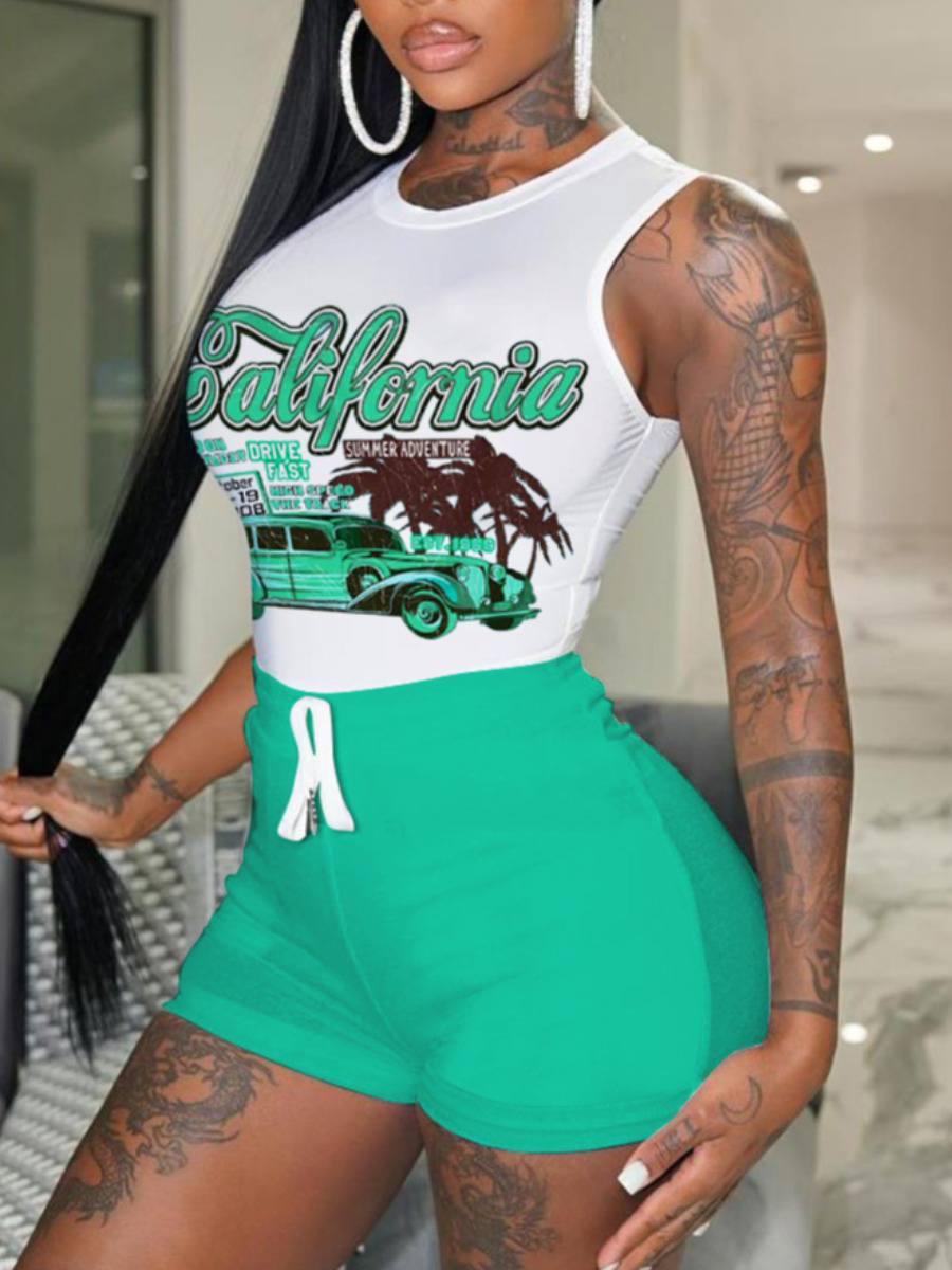 LW Racing Car Letter Print Drawstring Shorts Set