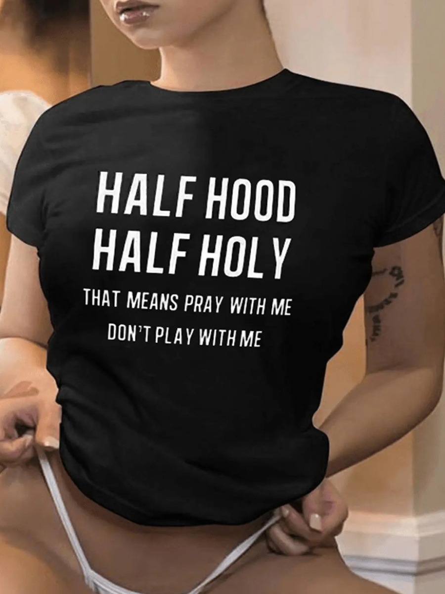 LW Plus Size Half Hood Letter Print T-shirt