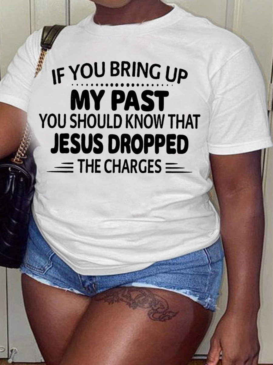 LovelyWholesale Plus Size My Past Letter Print T-shirt Summer Short Sleeve Casual Round Neck  5X Spring Summer 2024