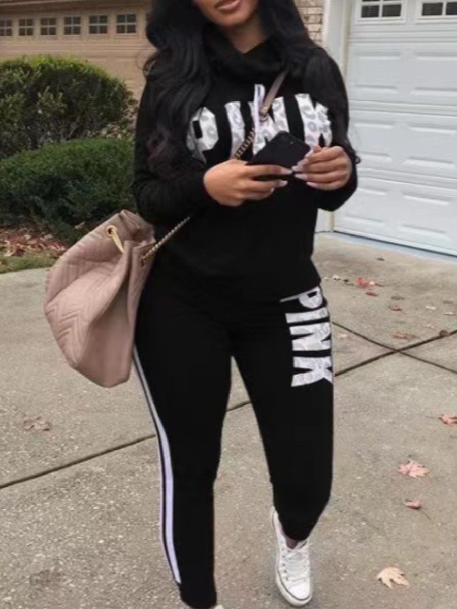 LovelyWholesale Plus Size Pink Letter Print Striped Sweatsuit Set Fall Long Sleeve Casual Pink Turtleneck  5X Spring Summer 2024