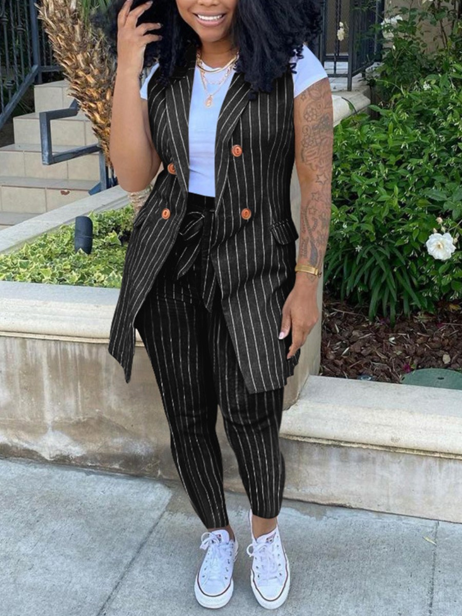 LW Plus Size Striped With Belt Blazer Pants Set (W