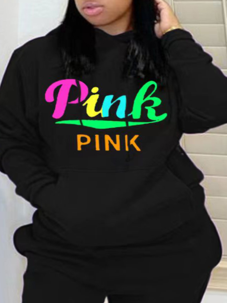 LovelyWholesale Plus Size Pink Letter Print Kangaroo Pocket Hoodie Fall Casual Hooded Collar  5X Spring Summer 2024