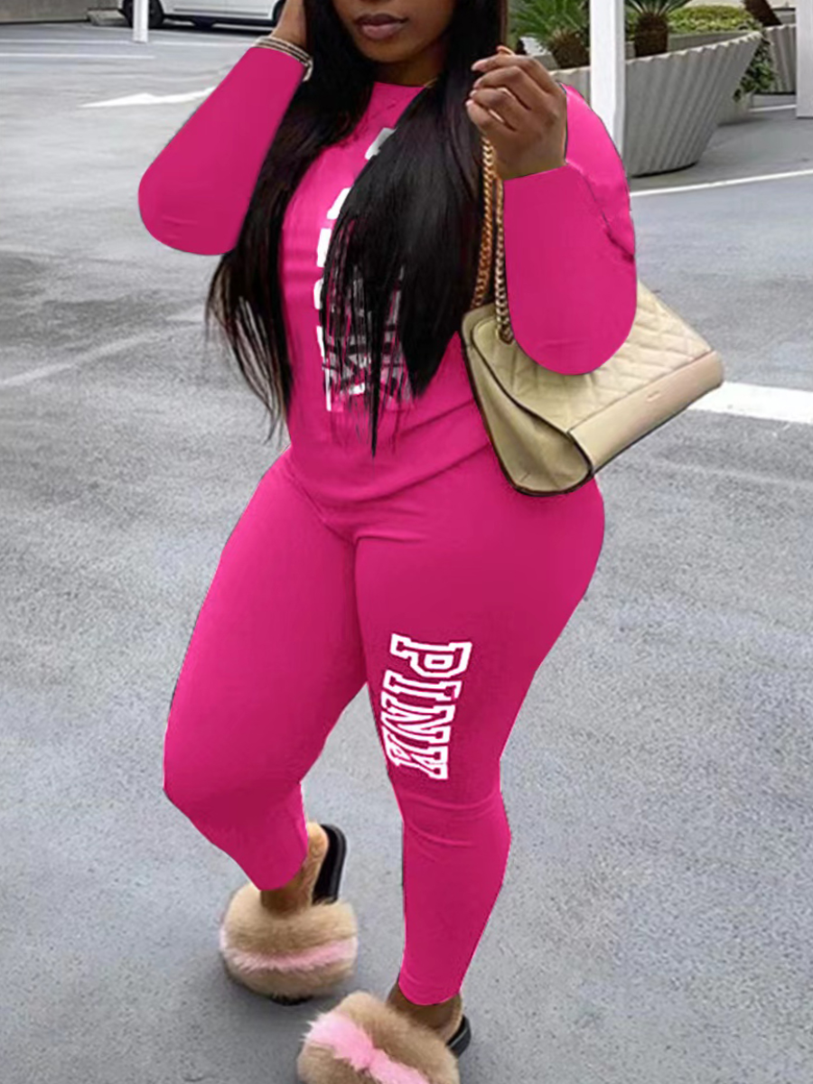 LW Plus Size Pink Letter Print Pocket Design Pants Set