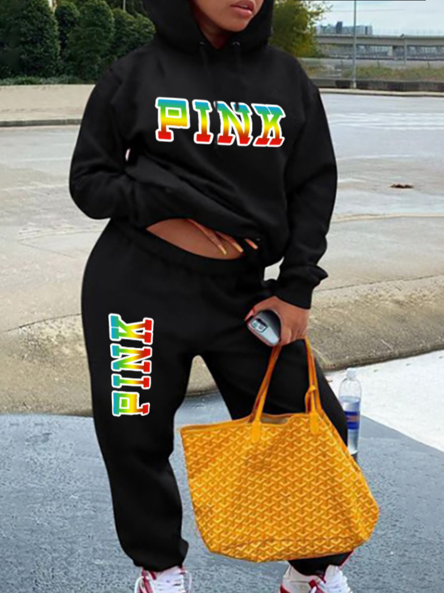 LovelyWholesale Plus Size Gradient Pink Letter Print Kangaroo Pocket Tracksuit Set Fall Long Sleeve Casual Hooded Collar  5X Spring Summer 2024