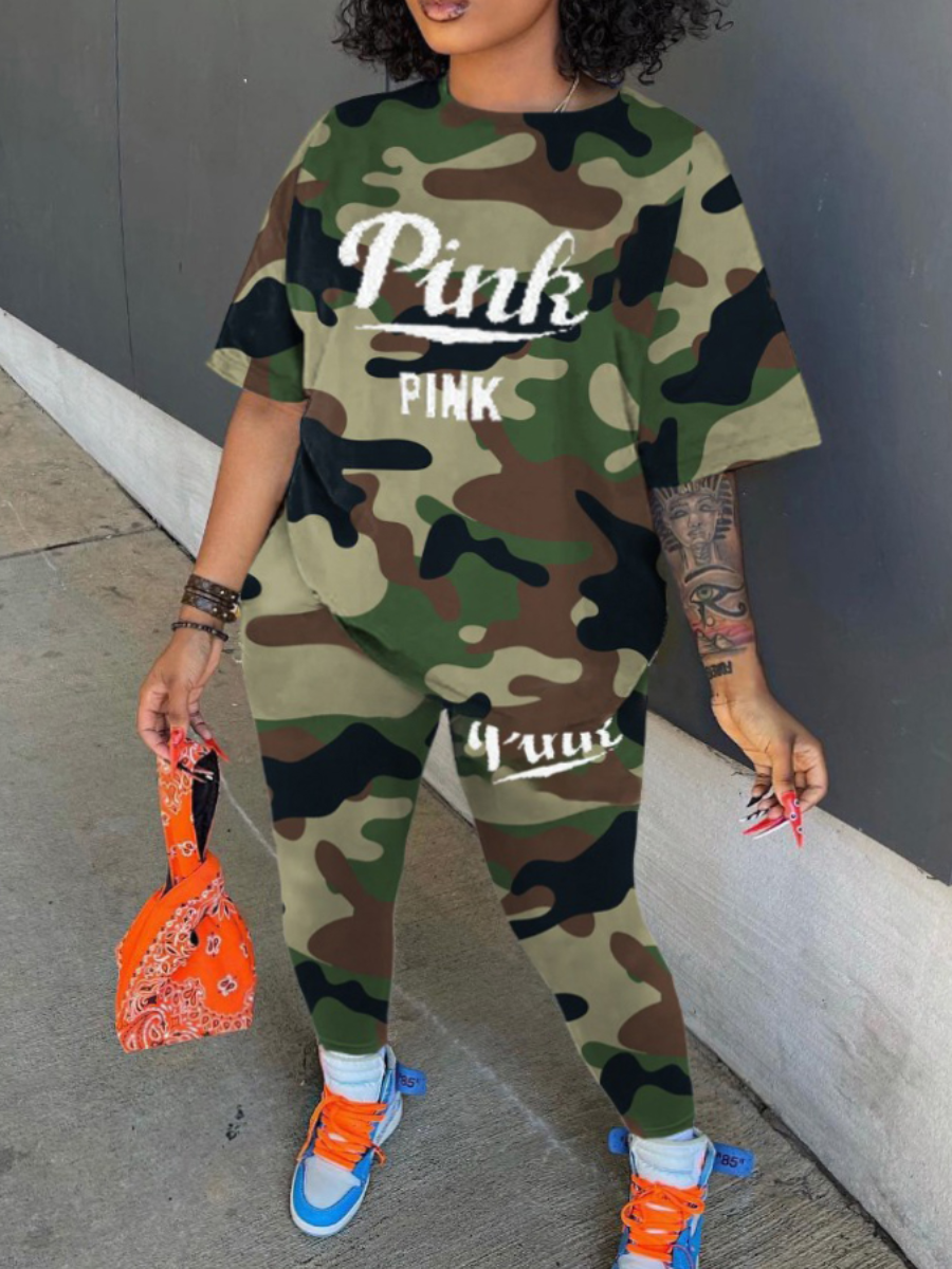 LW Plus Size Camo Pink Letter Print Pants Set