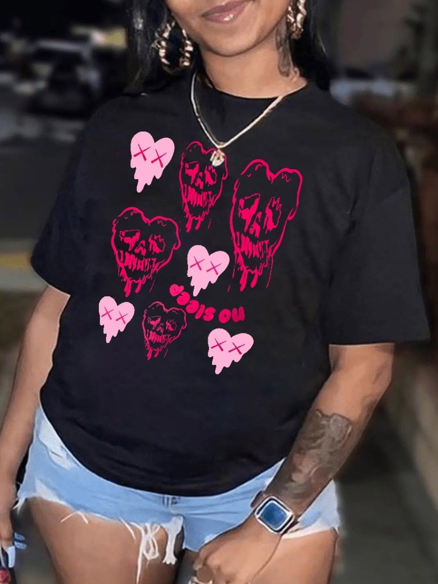 LovelyWholesale Heart Letter Print T-shirt Summer Short Sleeve Casual Round Neck Spring Summer 2024