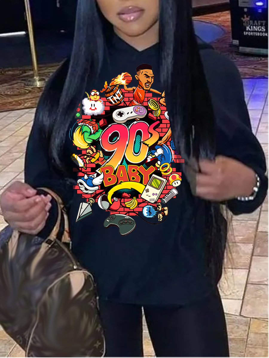 LovelyWholesale Plus Size 90s Baby Cartoon Print Kangaroo Pocket Hoodie Fall Casual Kangaroo Pocket Hooded Collar  5X Spring Summer 2024