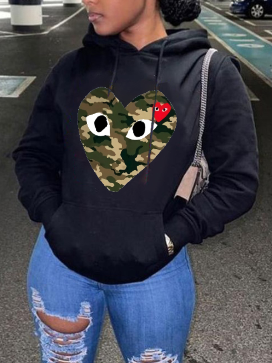 LW Heart Camo Print Kangaroo Pocket Hoodie