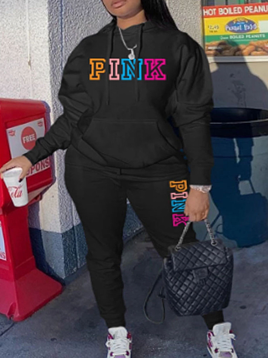 LovelyWholesale Plus Size Pink Letter Print Tracksuit Set Fall Long Sleeve Casual Hooded Collar  5X Spring Summer 2024